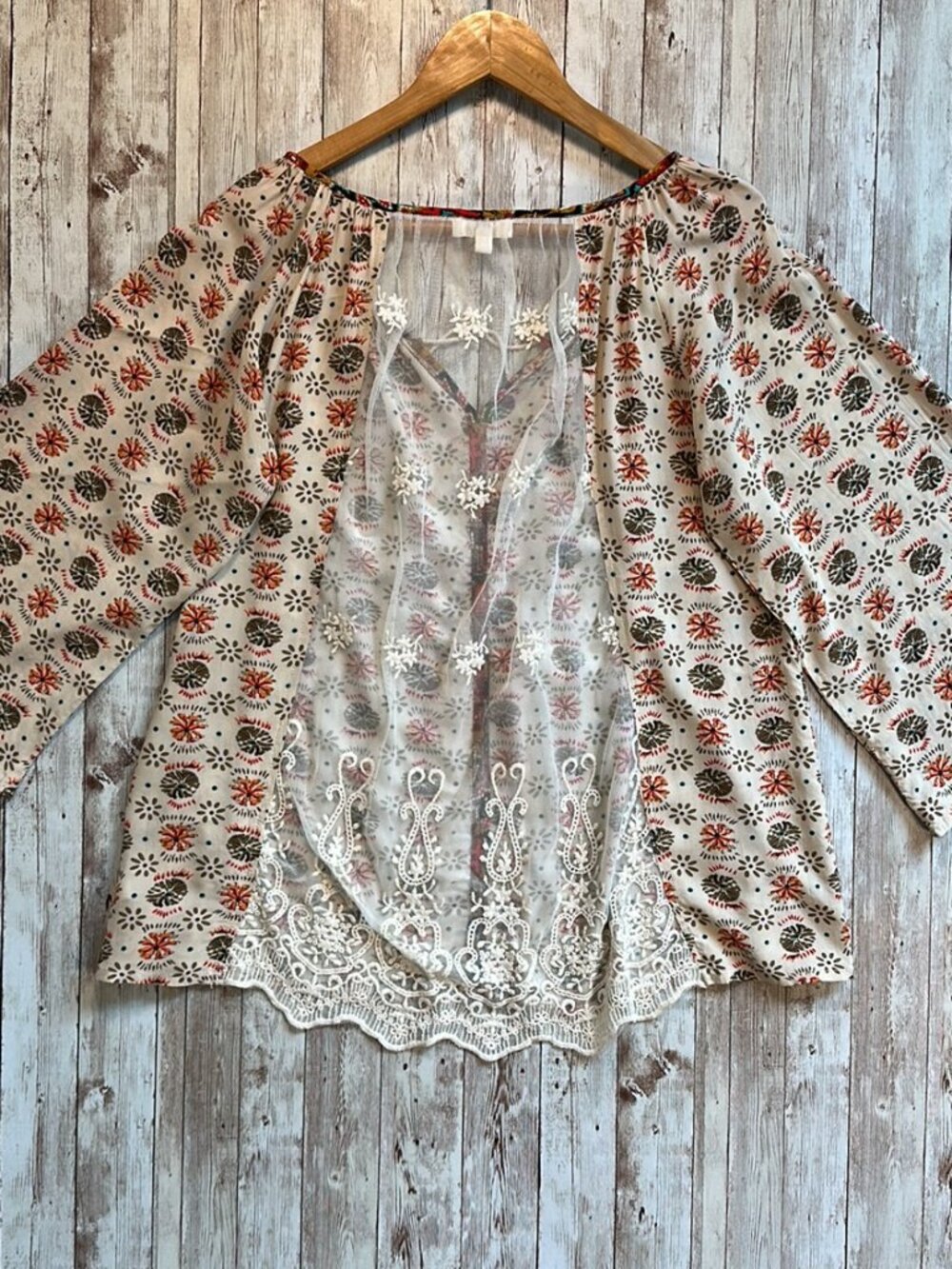 Umgee Women's Flowy Peasant Blouse Boho sz Medium Lace Panel Tassel Tan Orange - Picture 6 of 15